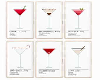 Puede incluir: Conjunto de seis tarjetas de recetas de cócteles navideños imprimibles con ilustraciones de copas de martini y los nombres "Christmas Martini", "Peppermint Espresso Martini", "Mistletoe Martini", "Candy Cane Martini", "Cranberry Krinkle" y "Santa's Sleigh".