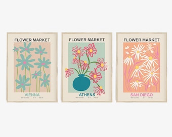 3er Set Blumenmarkt Posterdrucke, Digitaldruck Set, Blumenmarkt Kunstdruck Set, Mädchenzimmer Wanddekor, Modernes Blumendruckbares Poster