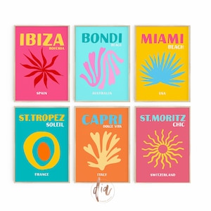 Preppy Wall Art, Stampe estive colorate, Poster di viaggio Set di 6, Arredamento massimalista, Bondi Beach Miami Ibiza Capri St. Tropez, Arredamento camera dormitorio