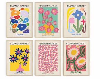 Gallery Wall Set, Flower Market Poster Set of 6, Dorm Room Decor, Digital Prints, Retro Flower Wall Decor, Modern Flower Market Art Print