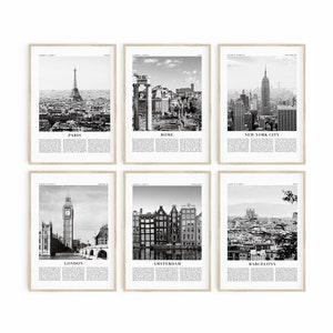 Travel Poster Set. Black and White Travel Print Set of 6. New York City Wall Art Coordinate Print. Paris Rome. London Amsterdam Barcelona