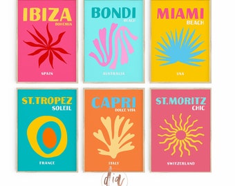 Preppy Wall Art, Colorful Summer Prints, Travel Poster Set of 6, Maximalist Decor, Bondi Beach Miami Ibiza Capri St. Tropez, Dorm Room Decor