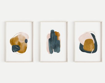 Set of 3 Prints Abstract Art Prints, Large Wall Art, Printable Wall Art, Teal Blush Ochre Watercolor Print, Gallery Wall Set, Modern Poster