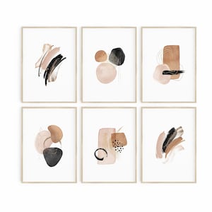 Abstract Watercolor Prints Set of 6 Prints, Modern Minimalist, Black Blush Terracotta Gold, Geometric Shapes Wall Art, Wall Gallery Set