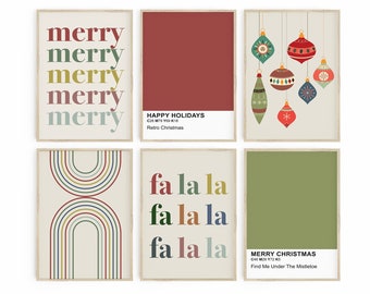 May include: Set of six printable Christmas-themed posters with retro designs. The posters feature text such as "merry merry merry merry merry", "fa la la fa la la fa la la", "Happy Holidays Retro Christmas", and "Merry Christmas Find Me Under The Mistletoe".