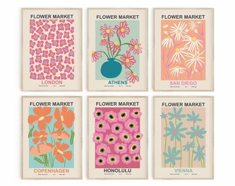 Set di poster del mercato dei fiori Galleria da parete Set di 6 stampe digitali Poster del mercato dei fiori stampabile retrò Arredamento moderno della camera delle ragazze Arredamento della camera del dormitorio
