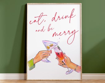 Cocktail Poster, Holiday Cocktail Print, Bar Cart Print, Bar Cart Decor, Holiday Decor, Eat Drink Be Merry, Printable Holiday Drinks