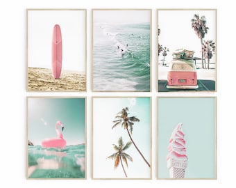 Gallery Wall Set Pink Wall Art Beach Decor, California Summer Print Set of 6, Turquoise Prints, Girls Room Printable Wall Art, Beach Nursery