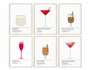 Holiday Cocktails Prints, Bar Cart Prints, Set of 6 Prints, Printable Christmas Drink Recipes, Martini Eggnog Hot Toddy, Winter Bar Decor