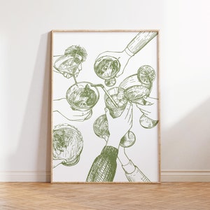 Cheers Print Green Bar Cart Print, Trendy Wall Art, Olive Green Retro Kitchen Poster, Drink Print, Cocktail Wall Art, Digital Prints