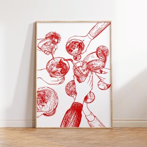 Cheers Print Red, Bar Cart Print, Trendy Wall Art, Retro Kitchen Poster, Red Aesthetic Decor, Cocktail Wall Preppy Drink Print Digital Print