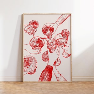 Red Cheers Print, Bar Cart Print, Trendy Wall Art, Retro Kitchen Poster, Red Aesthetic Decor, Cocktail Wall Preppy Drink Print Digital Print