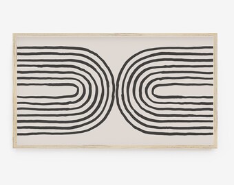 Könnte beinhalten: Ein gerahmter Druck mit einem minimalistischen Design, das zwei schwarze Bögen mit mehreren Linien auf einem hellbeigen Hintergrund zeigt.