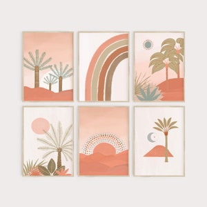 Boho Kinderzimmer Dekor Wand Kunstdruck Set 6 Drucke, Wüste Sonne Palmen Druck Neutral Kinderzimmer, Terrakotta Burnt Orange Art Tropical Decor