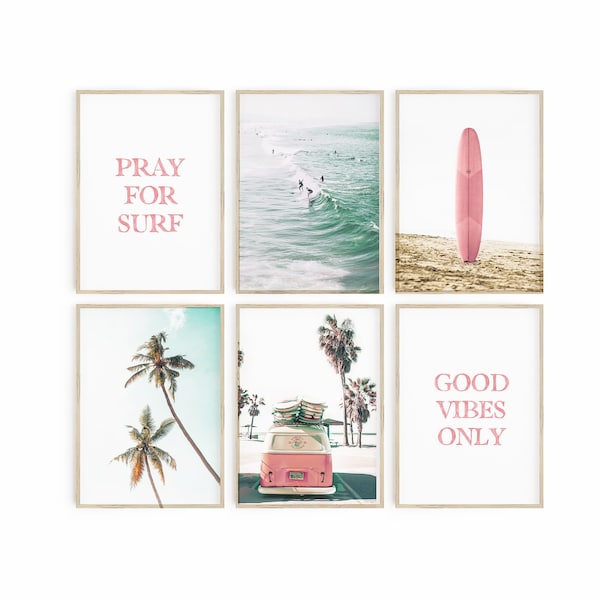 Pink Surf Wall Art Set of 6 Prints, Girls Dorm Room Decor, Beach Nursery Decor, Large Printable Poster, Surf Art California Prints Teen Room