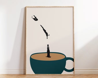 Coffee Poster, Teal Kitchen Wall Art Print, Retro Coffee Print, Digital Art, Modern Minimalist Printable Art, Downloadable Coffee Lover Gift