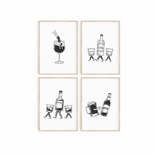 Bar Wall Art Prints, Set van 4 Cocktail Prints, Wijn Bier Print, Whiskey Wodka Drink Retro Bar Cart Decor Mid Century Moderne Printbare Poster