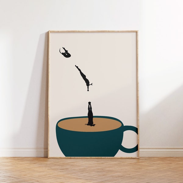 Coffee Poster, Teal Kitchen Wall Art Print, Retro Coffee Print, Digital Art, Modern Minimalist Printable Art, Downloadable Coffee Lover Gift