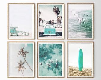 Beach Nursery Print Lot de 6 tirages Grand Surf Poster Turquoise Blue California Print Boys Room Surfboard Surfing 6 Piece Wall Gallery Set