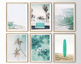 Beach Nursery Print Set of 6 Prints Large Surf Poster Turquoise Blue California Print Boys Room Surfboard Surfing 6 Piece Wall Gallery Set