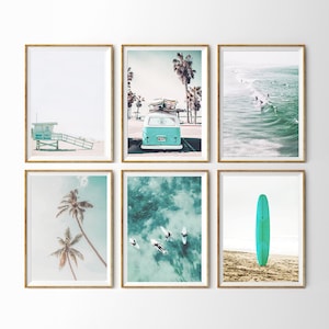 Beach Nursery Print Set of 6 Prints Large Surf Poster Turquoise Blue California Print Boys Room Surfboard Surfing 6 Piece Wall Gallery Set