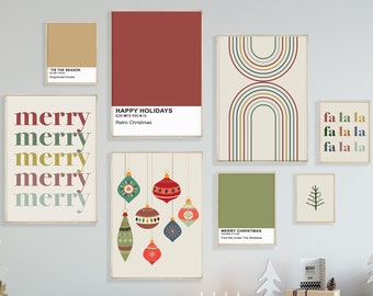 May include: A set of nine Christmas-themed prints featuring a variety of designs, including ornaments, a Christmas tree, and the words "merry" and "fa la la". The prints are in a retro style with a color palette of red, green, blue, and yellow.