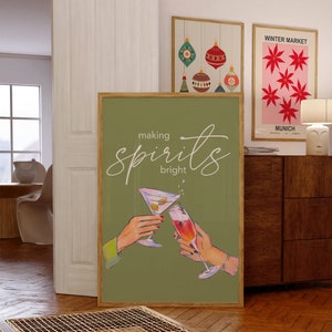 Cartel de cóctel, impresión de aplausos navideños, letrero imprimible de carrito de bar navideño, haciendo que los espíritus brillen, arte de pared moderno, impresiones digitales, decoración moderna