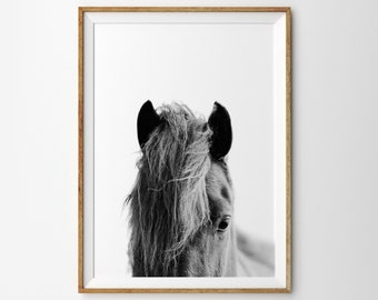 Scandinavian Horse Black and White Close Up Horse Photo Print Printable Art Icelandic Horse Farmhouse Print Modern Minimalist Print