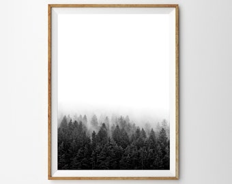 Black and White Forest Print Minimalist Wall Art Prints Nature Photography Landscape Photo Affiche Scandinave Printable Foggy Mountain Mist