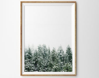 Snow Covered Forest Print Winter Wall Art Christmas Scene Minimalist Print Nordic Decor Snowy Trees Instant Download Modern Printable Art