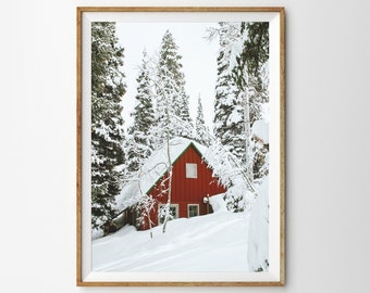 Blockhaus im Wald Druck Rote Hütte im Schnee Weihnachtsdekor Winter Wand Kunst Drucke Verschneite Szene Rustikale Weihnachten Bauernhaus druckbare Wandkunst