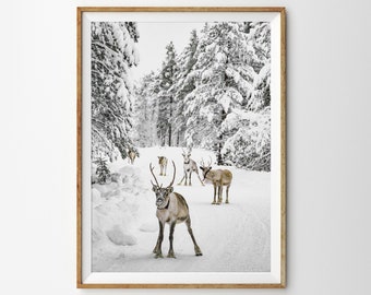 Reindeer Print Winter Wall Art Prints Nordic Christmas Printable Art Instant Download Snow Covered Trees Christmas Decor Scandinavian Art