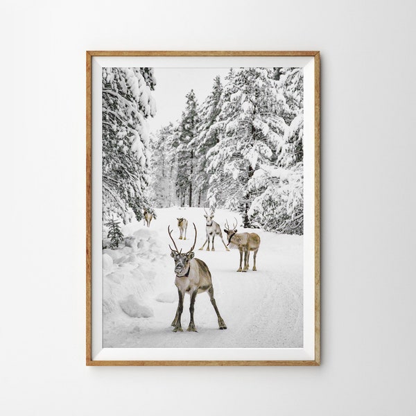 Reindeer Print Winter Wall Art Prints Nordic Christmas Printable Art Instant Download Snow Covered Trees Christmas Decor Scandinavian Art