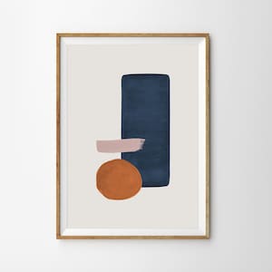 Impresión abstracta geométrica azul índigo naranja quemado cartel imprimible arte descargable decoración moderna de mediados de siglo impresión de formas de arte de pared grande