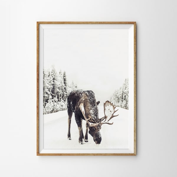 Elch Druck Weihnachtsdekor Bauernhaus Winter Wand Kunst Drucke Rustikale Weihnachten Elch im Schnee Druck druckbare Wand Kunst großes Poster