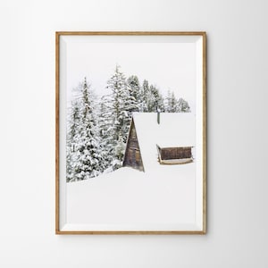 Winter Scene Log Cabin Print Christmas Decor Cabin in Woods Snowy Evergreens Printable Wall Art Downloadable Art Winter Wonderland Poster