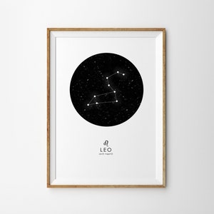 Leo Print Leo Zodiac Print sterrenbeeld Print sterrenkaart afdrukken Zodiac Print astrologie Print Zodiac Art Print astronomie Print moderne kunst aan de muur