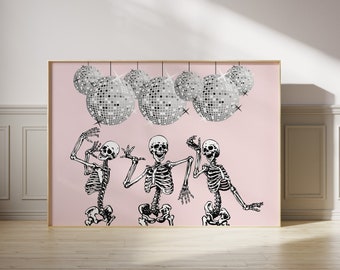 Imprimible de Halloween, Impresión de esqueletos bailando, Arte de pared de bola de discoteca, Impresión horizontal, Estética de fiesta disco, Arte imprimible de cartel preppy rosa