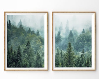 Set of 2 Forest Prints Foggy Mountain Print Large Wall Art Scandinavian Decor Nordic Print Landscape Nature Photography Printable Poster