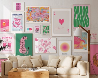 Gallery Wall Set, Preppy Aesthetic, Trendy Wall Art, Colorful Preppy Posters, Pink Wall Art, Eclectic Dorm Room Decor, Cocktail Tiger Prints