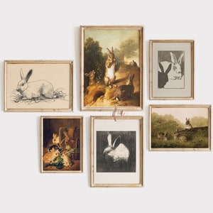 Set of 6 Bunny Prints, Easter Rabbit Wall Art, Vintage Paintings, Printable Antique Sketch Drawings, Digital Prints, Vintage Nursery Decor