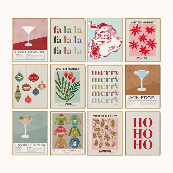 Retro Christmas Poster Bundle, Set of 12 Preppy XMas Decor, Mid Century Modern Holiday Prints, Holiday Cocktails Winter Market Vintage Santa