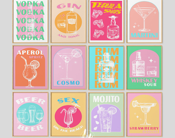 Cocktail Poster Set of 12, Preppy Room Decor, Colorful Bar Cart Prints, Preppy Poster Set, Retro Cocktail Posters, Aperol Tequila Vodka Beer