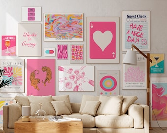 Preppy Gallery Wall Set, Trendy Wall Art, Preppy Pink Posters, DIGITAL Exhibition Poster Set, Eclectic Dorm Room Decor, Cocktail Prints