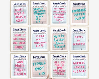 Guest Check Poster Print Set of 12, Trendy Wall Art, Retro Prints, Cocktails Prints, College Apartment Preppy Room Aesthetic Bar Cart Prints