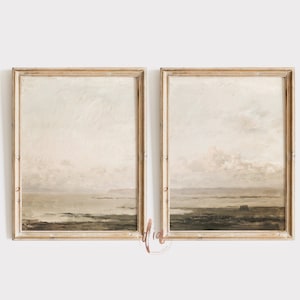 Muted Coastal Print Set of 2, Neutral Landscape Painting, Vintage Wall Art, Sage Green Horizontal Wall Art, Warm Aesthetic, Printable Art