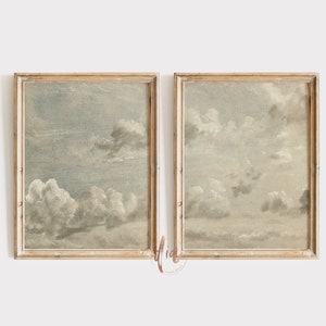 Cloud Painting Print Set of 2, Vintage Clouds, Neutral Landscape Painting, Vintage Wall Art, Room Aesthetic, Printable Art, Above Bed Art