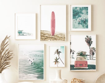 Set of 6 Beach Prints, Coastal Prints, California Wall Art, Surfing Posters, Surf Art, Pink Surfboard, Dorm Room Decor, Boho Beach Decor