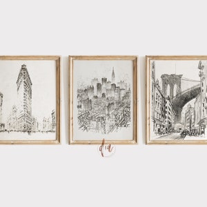 Vintage NYC Drawings Set of 3 Art Prints, Antique Sketches, New York City Cityscape Print Set,DIGITAL PRINTS, Minimalist  Gallery Wall Set