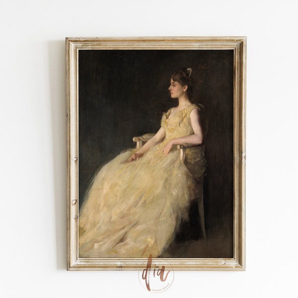 Vintage Portrait Painting of Woman in Yellow Dress, Print of Antique Oil Painting, Printable Vintage Painting, French Country Art Print